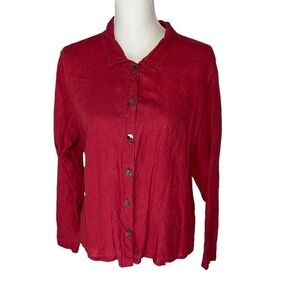 FLAX Red Button Down Linen Long Sleeve Shirt Medium